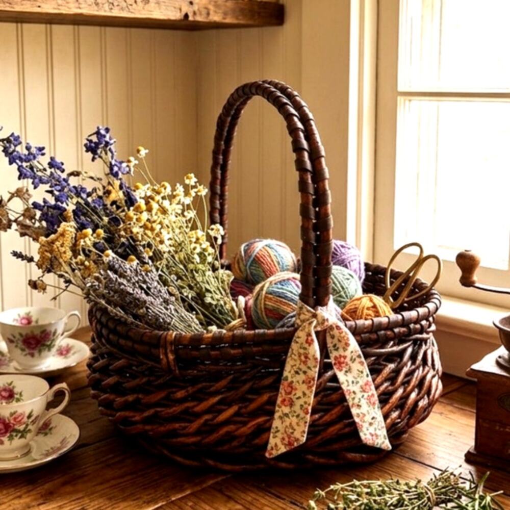 dark stained willow basket rustic handwoven texture sturdy center handle vintage